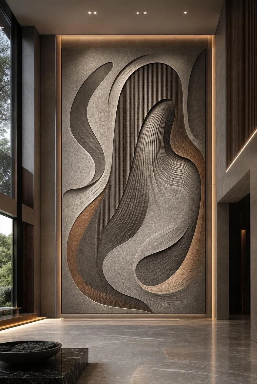 Monumental multicolor abstract wall art relief with fluid forms inside a luxury lobby