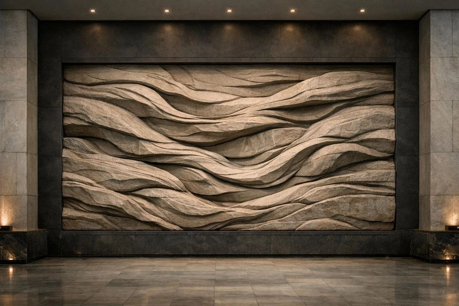 Custom large-scale horizontal wall sculpture in grey sandstone. Solaro Art Collection