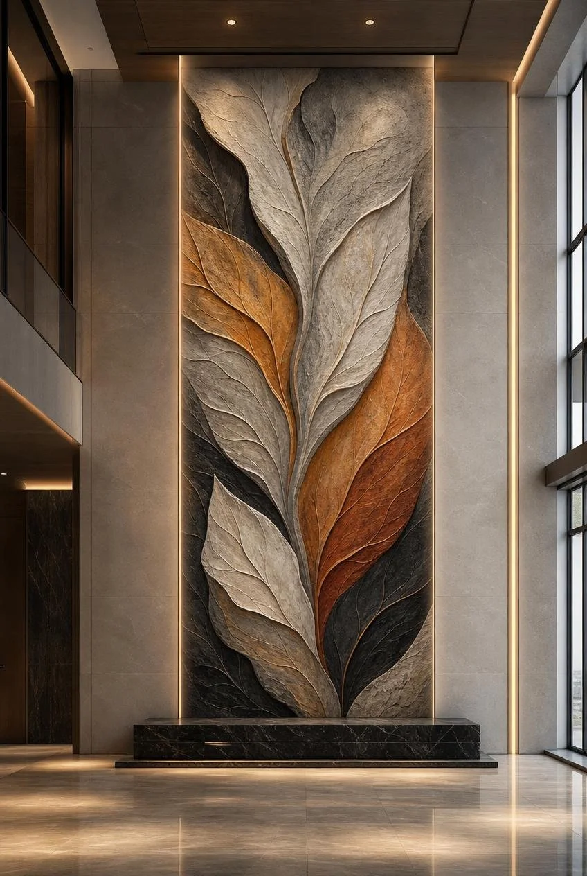 Large vertical nature inspired colored wall relief sculpture with leaf forms inside a luxury lobby