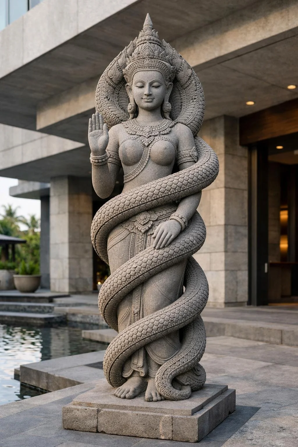 A large stone statue of a female deity with four arms, standing with a snake coiled around her body. The deity has a serene expression, intricate jewelry, and an elaborate headdress, located outdoors near a modern building.