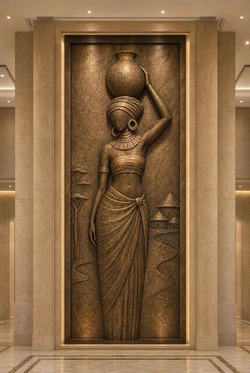 Monumental bronze wall sculpture of an African woman