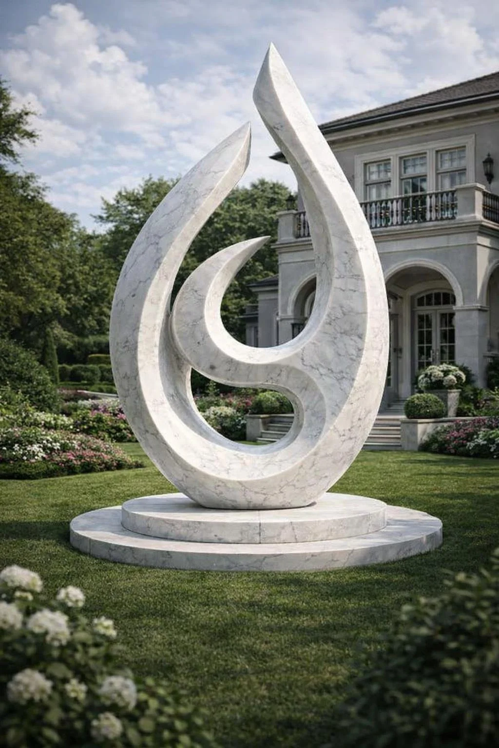 White marble large outdoor sculpture, for luxury outdoor or indoor spaces. Solaro Art Collection