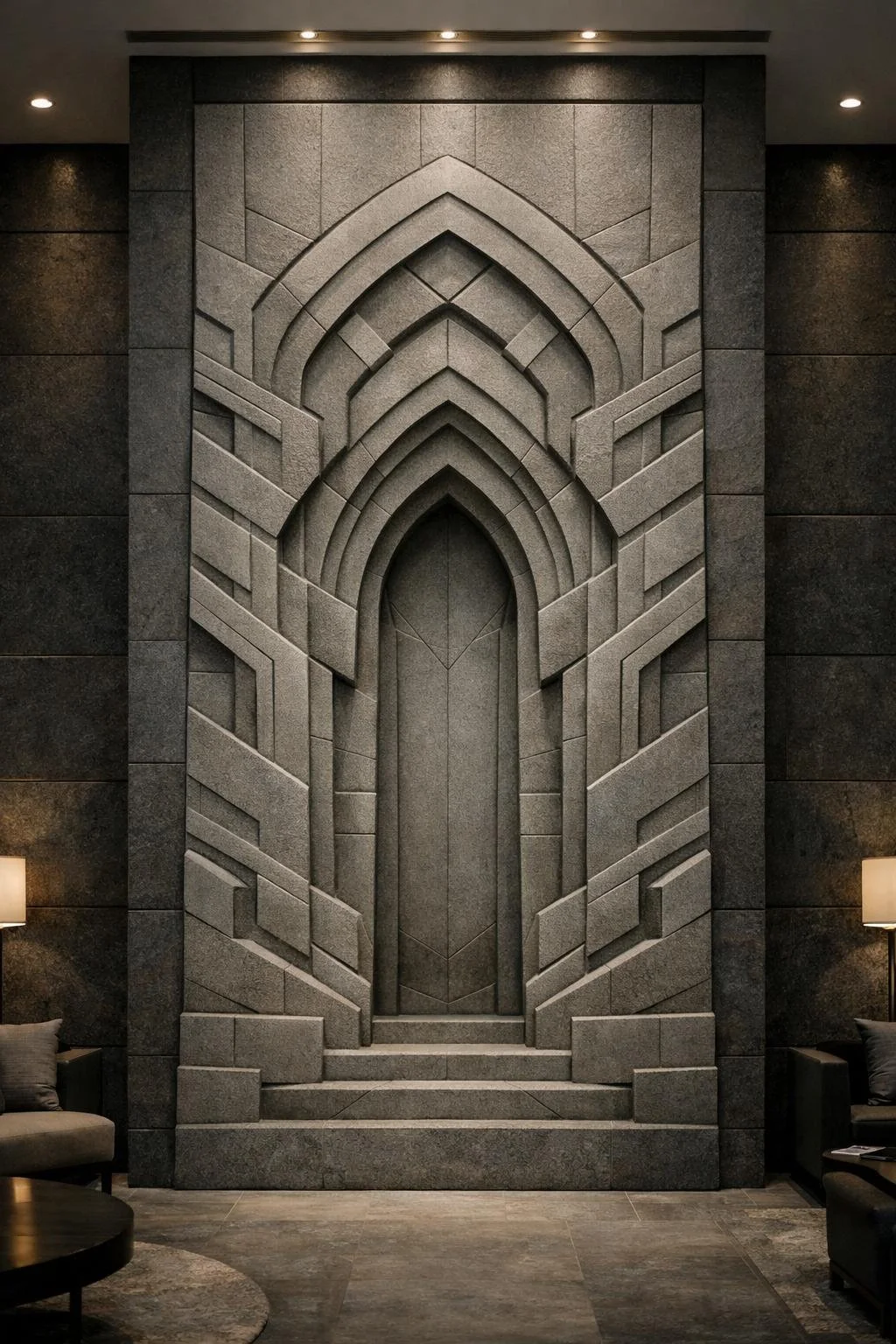 Decorative stone wall sculpture with geometric arches and patterns, flanked by dark wall panels, with seating and lamps in a modern interior.