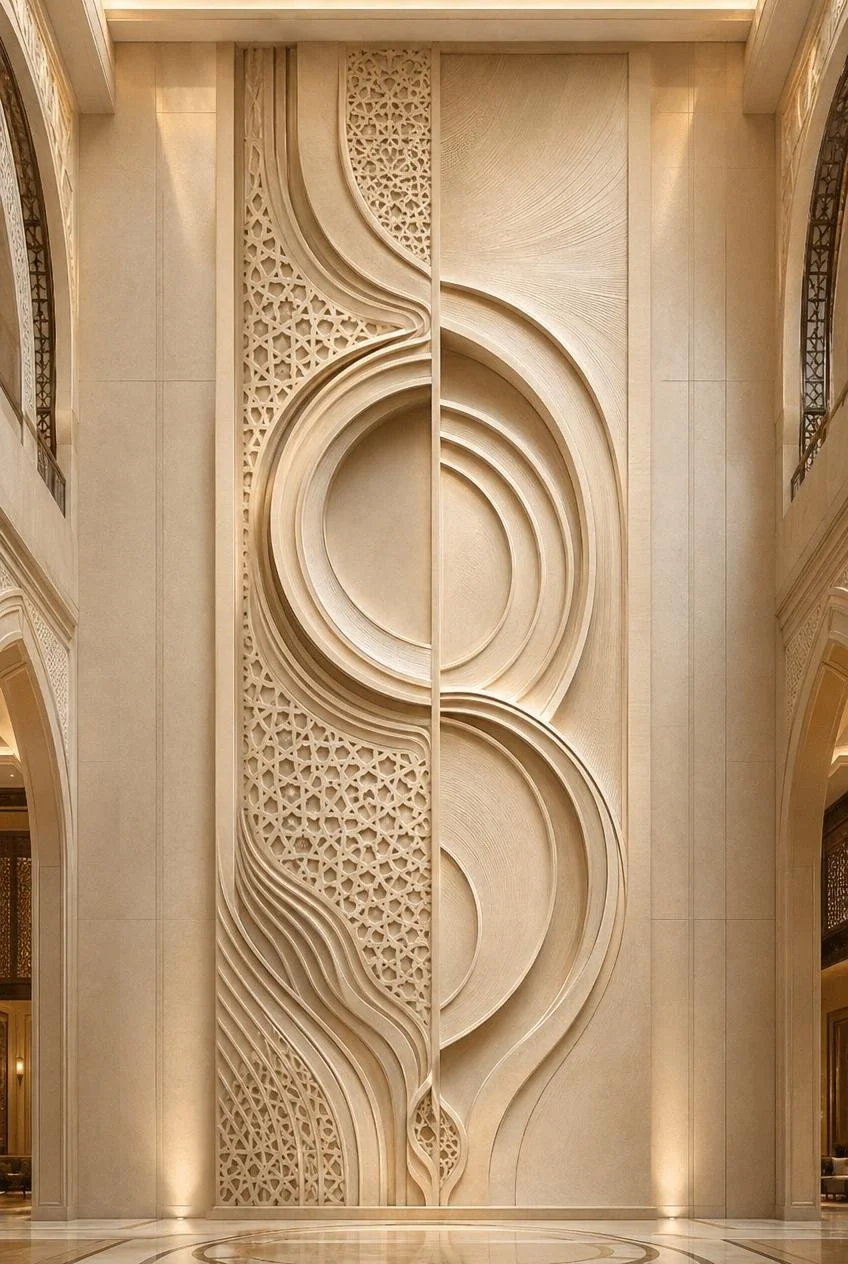 Monumental Modern Islamic Geometric Sandstone Wall Relief  for Luxury Interiors