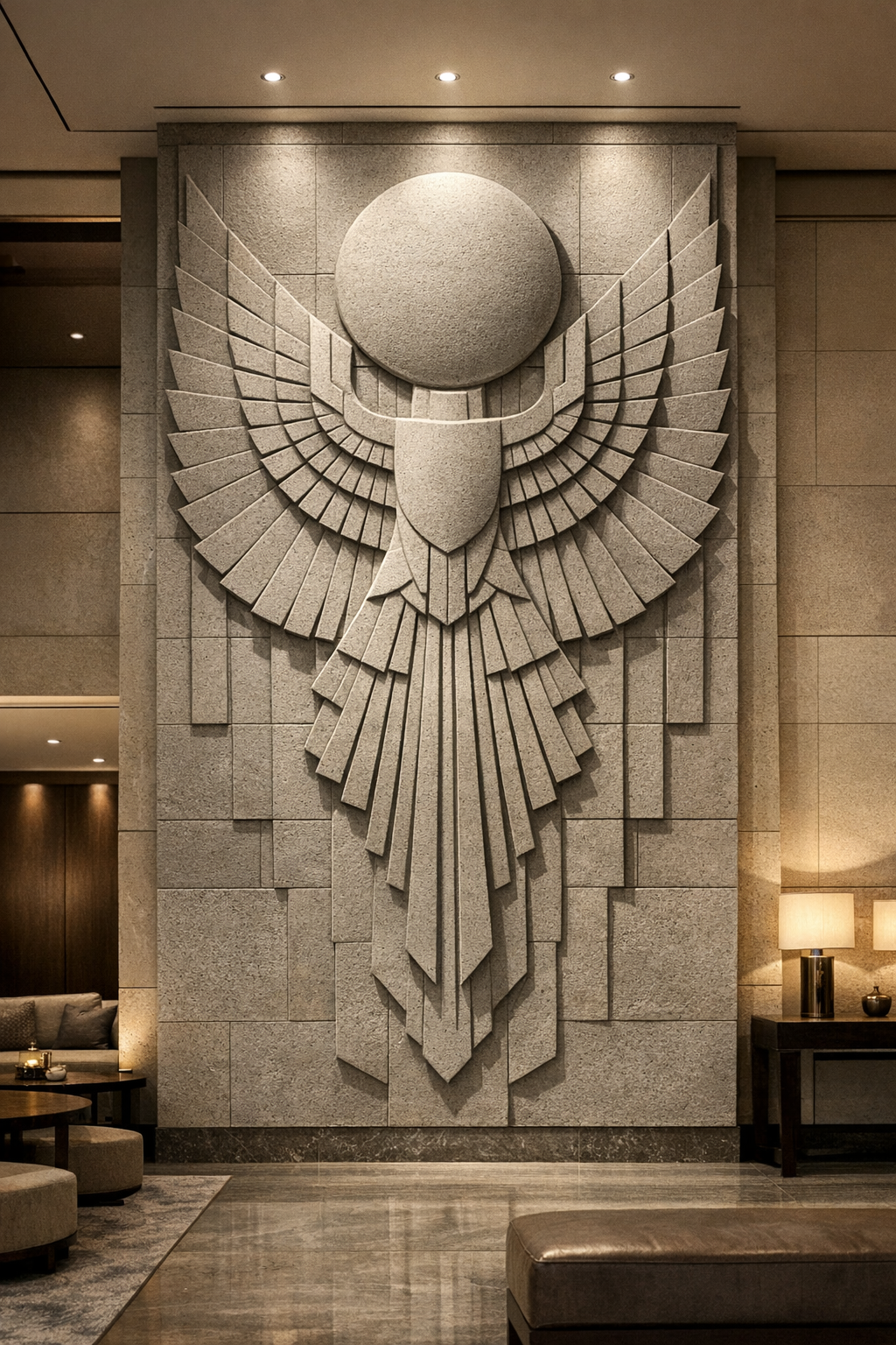 A large, textured stone wall sculpture resembling an eagle with outstretched wings and a circular element above its head, in a modern, upscale interior space with seating and lamps.