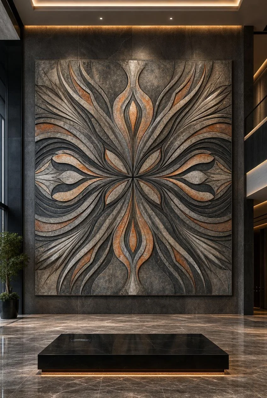 Large-Scale Multicolor Symmetrical wall art relief inside a luxury hospitality hall