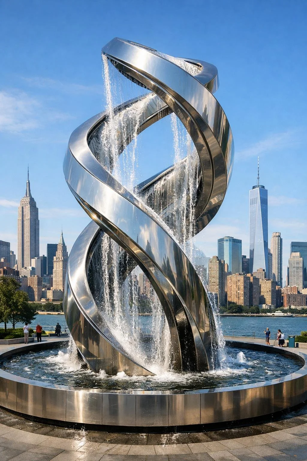 A stainless steel double helix sculpture with water fountains in front of a city skyline, including the Empire State Building and One World Trade Center, in New York City.