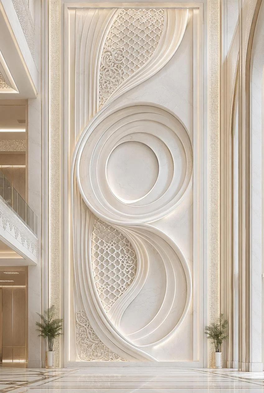 Middle Eastern White Carrara Marble Wall Relief for Luxury Architectural Interiors. Solaro Art Collection