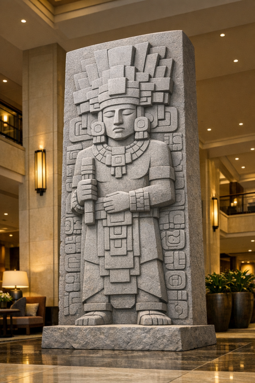 Custom sale monumental stone sculpture, mayan style. Solaro Art Collection.