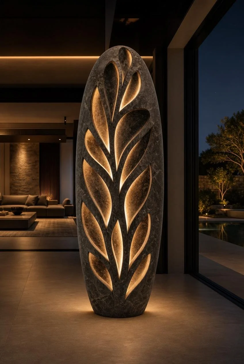 Large sculptural lighting in oval form with botanical patterns