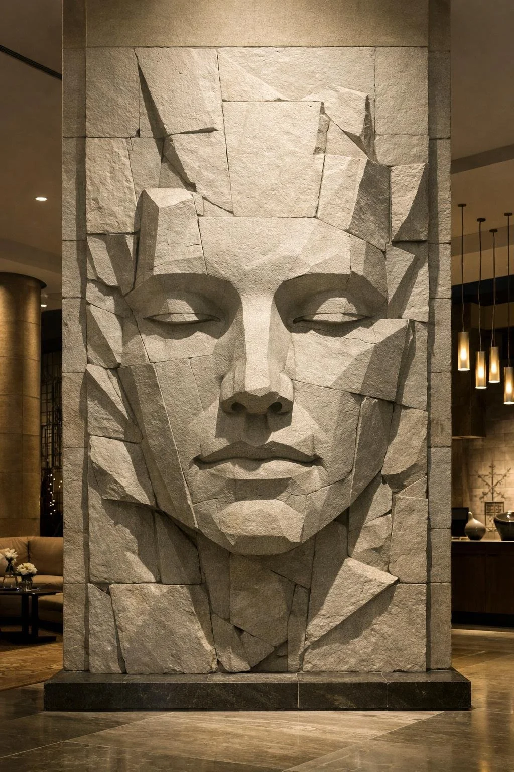 Large modern wall sculpture in natural sandstone. Abstract human face high relief. For luxury spaces or hotels. One-of-a-kind masterpiece. Solaro Art Collection