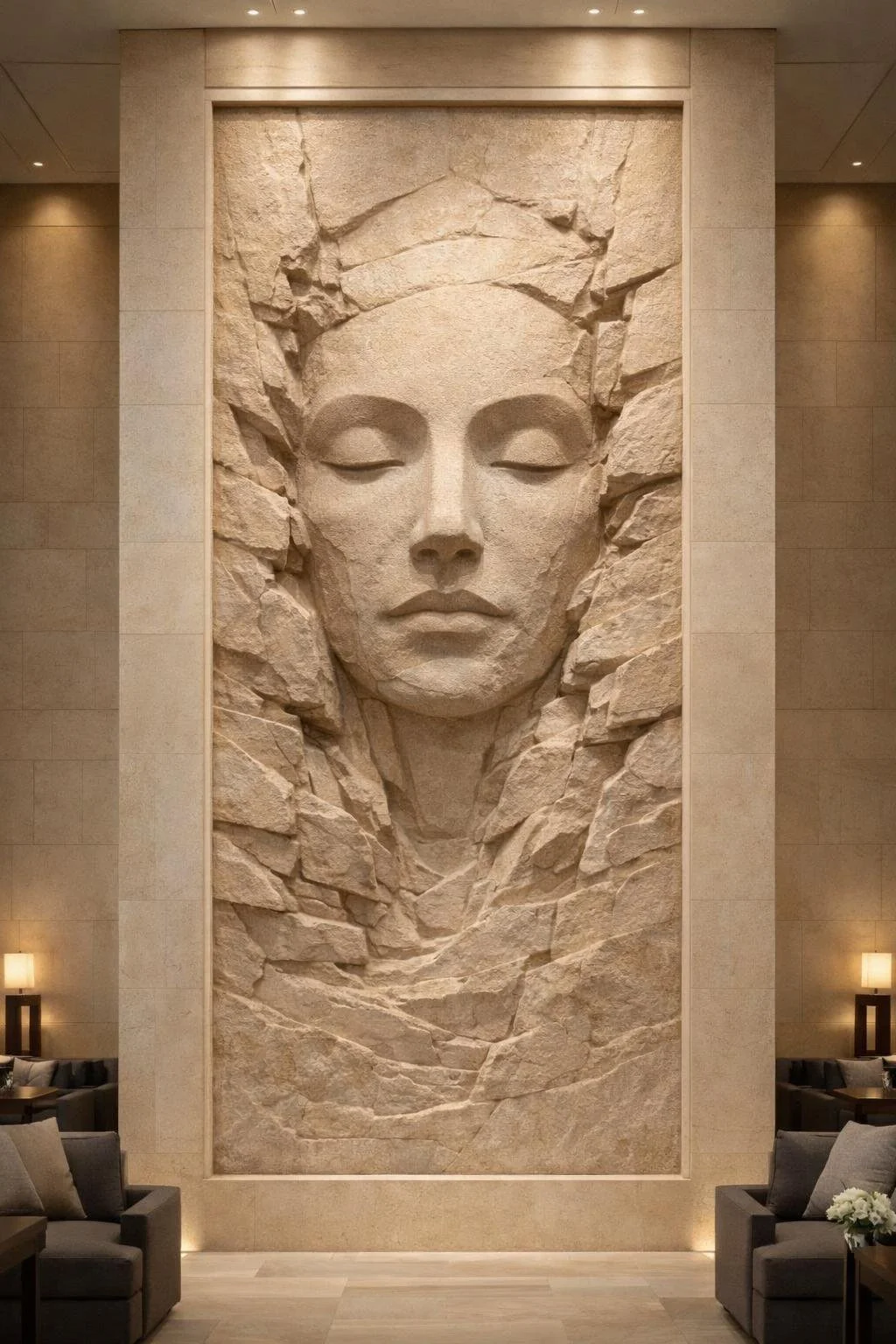 Monumental abstract face stone wall sculpture for luxury spaces or urban projects. Solaro Art Collection