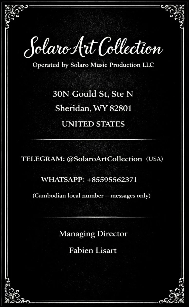 Business card for Solaro Art Collection, operated by Solaro Music Production LLC, with address in Sheridan, Wyoming, landline and WhatsApp contact details, and managing director Fabien Lisart, decorated with ornate corners.