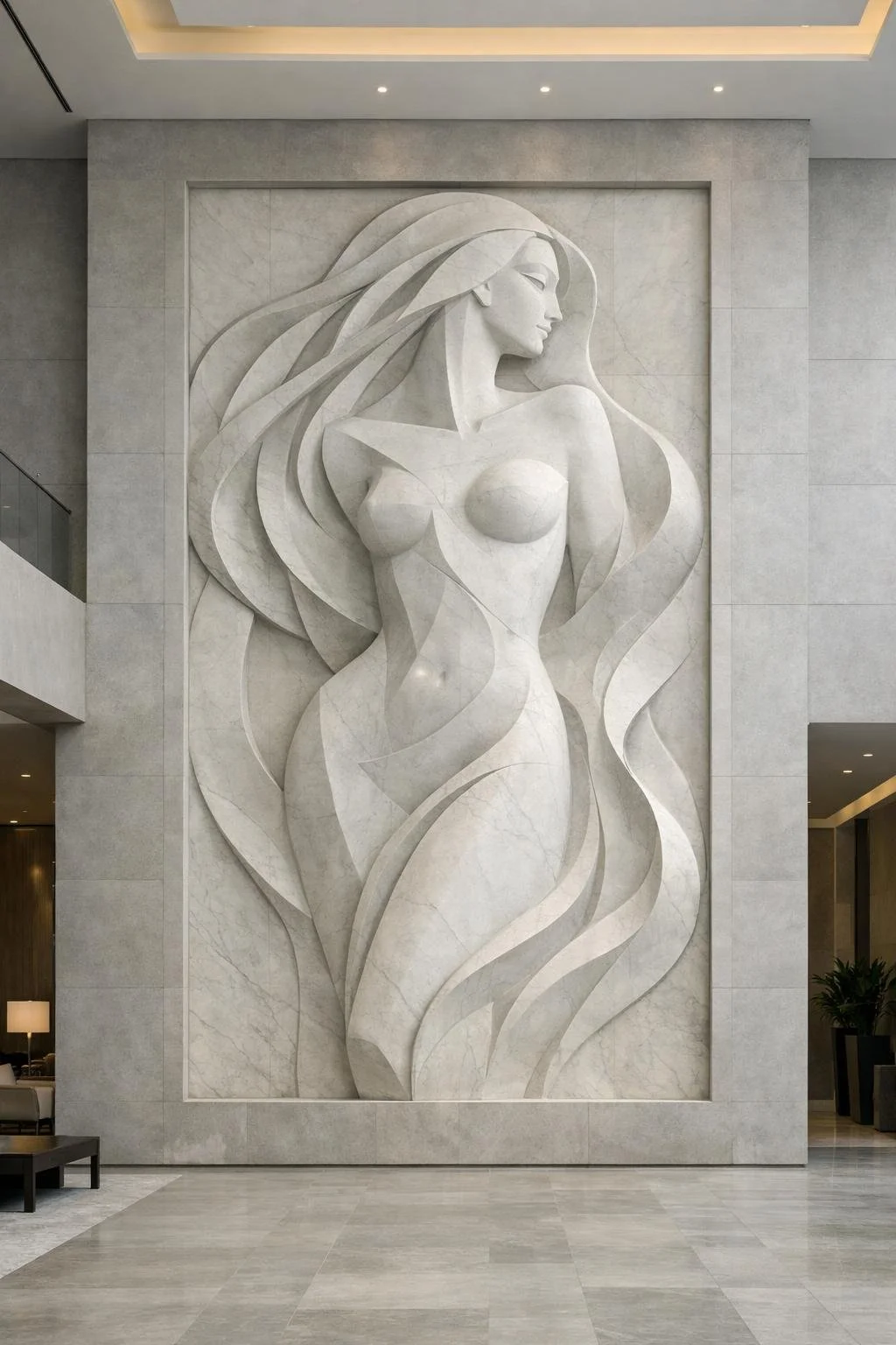 White marble large female silhouette wall relief . Solaro Art Collection