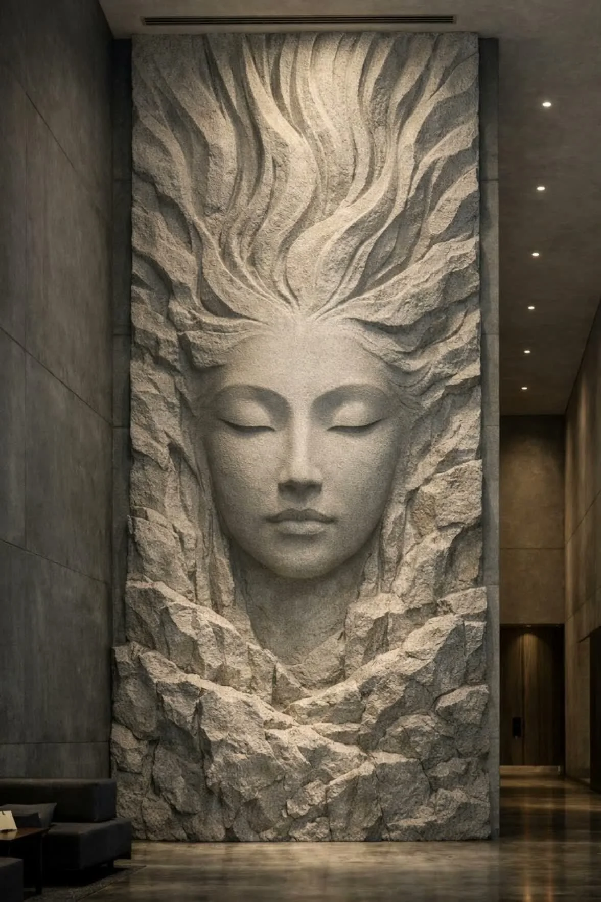 A large stone relief sculpture of a woman's face with flowing hair, set into a modern, dimly lit interior wall.