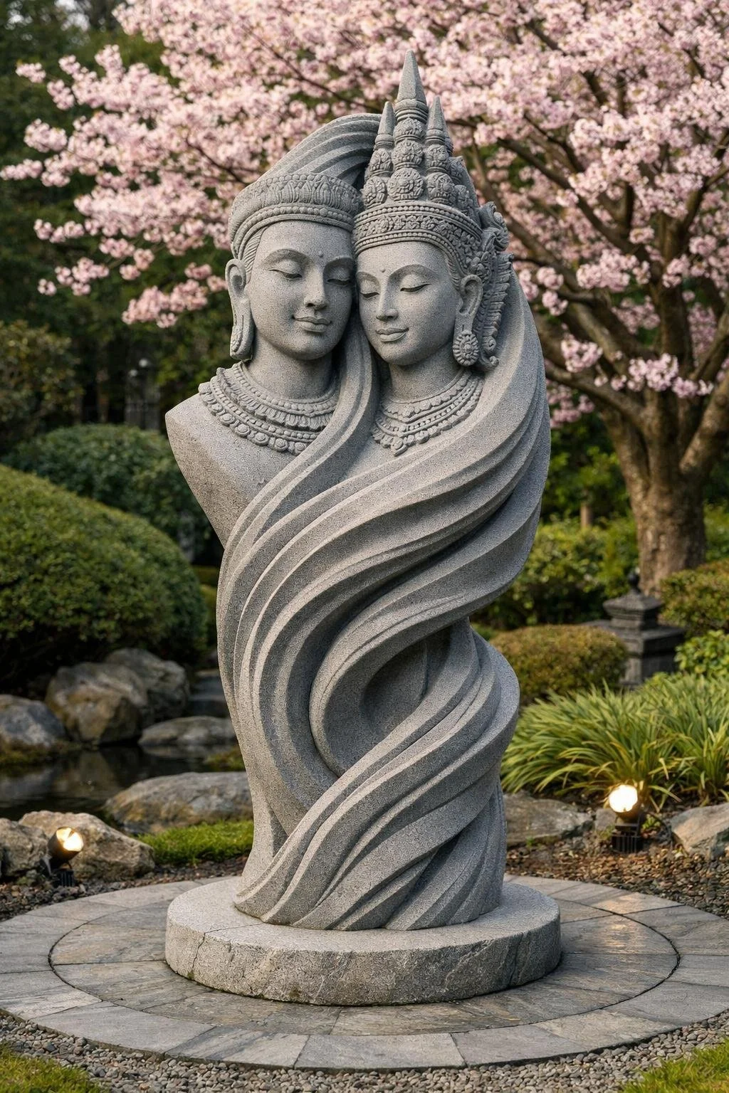 A large stone sculpture of two intricately carved figures with flowing hair, set outdoors with trees and pink blossoms in the background. Exclusive sculpture only for you made to order. Solaro Art Collection.