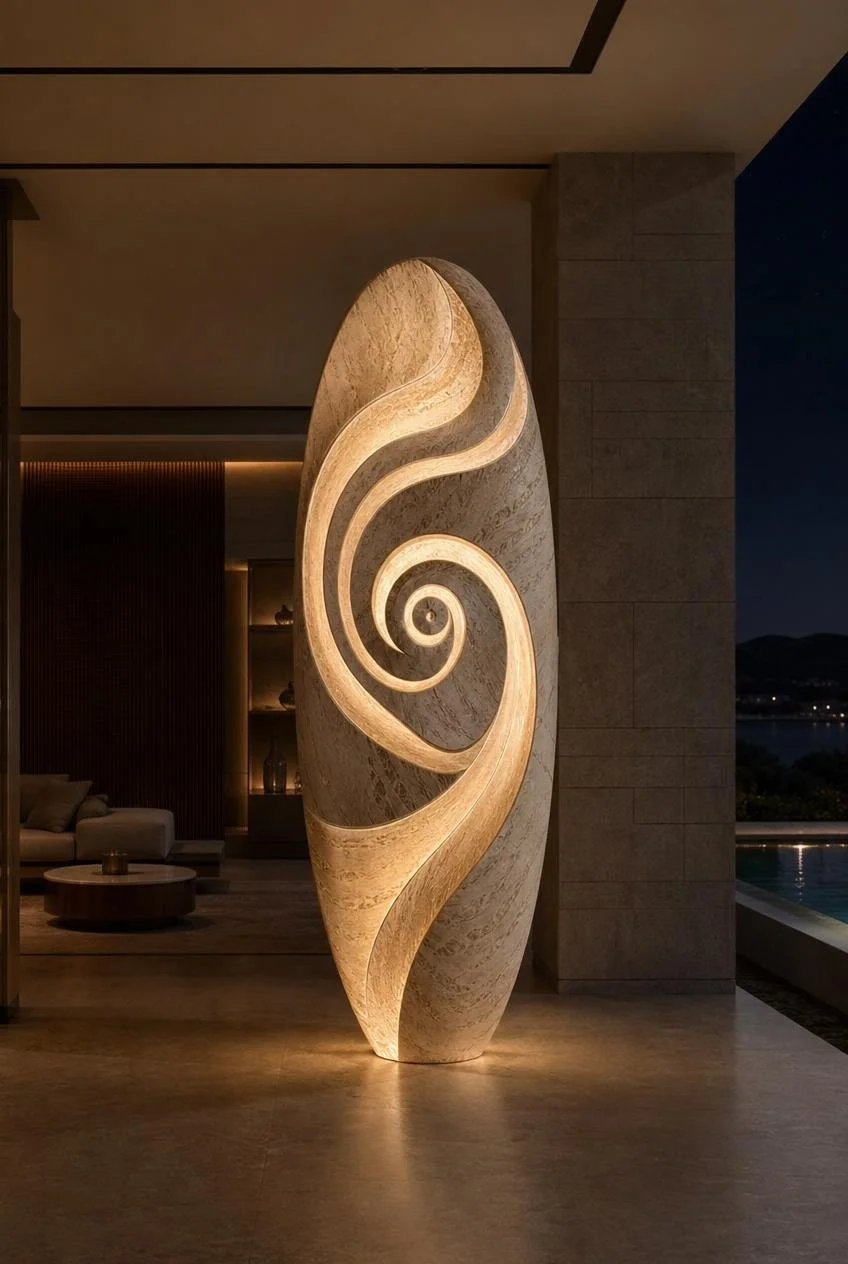 Large Sculptural lighting in oval form with spiral patterns.