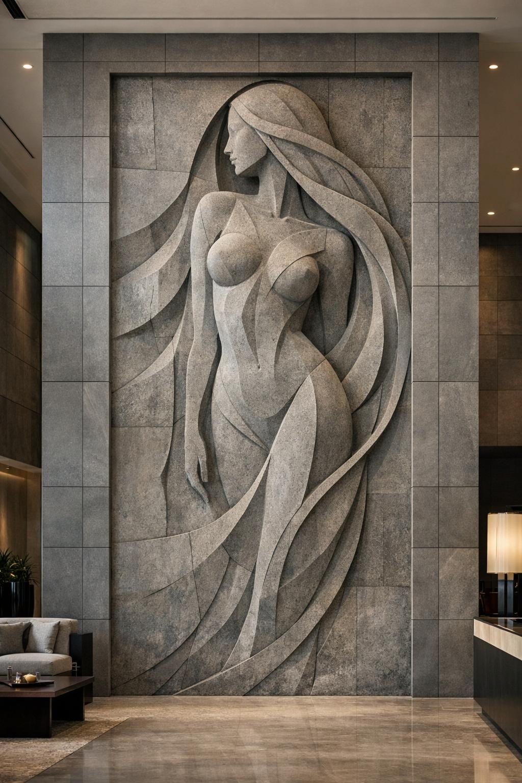 Architectural wall relief sculpture, modern female silhoueete in natural stone. Solaro Art Collection