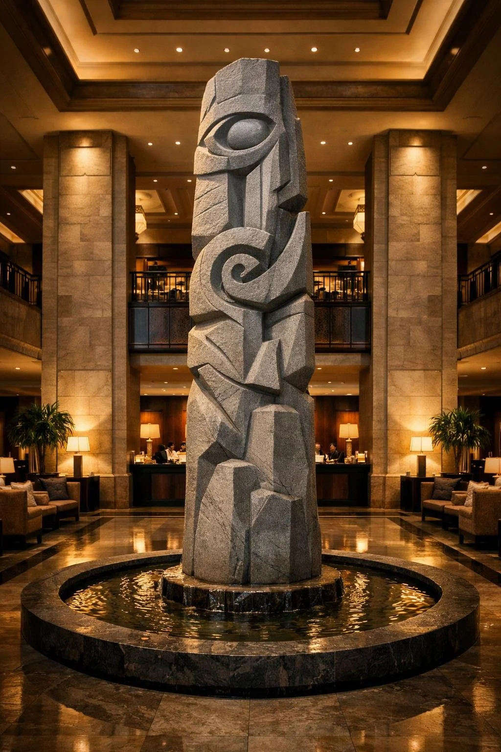 A tall abstract stone sculpture in a luxury hotel lobby with warm lighting, surrounded by seating and decorative plants.
