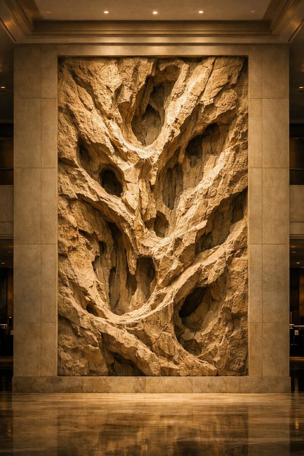Monumental biophilic-organic wall relief in yellow sandstone. One-of-a-kind masterpiece. Solaro Art Collection
