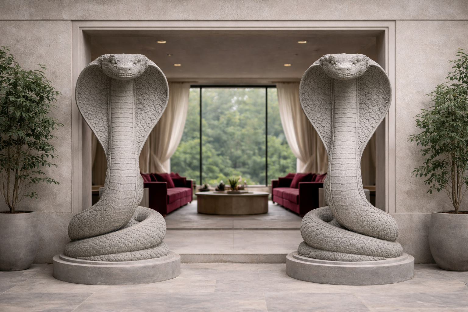 Two large, stone cobra statues flank an opening with a view into a living room featuring red sofas, a coffee table, and large windows with cream curtains, surrounded by potted green plants.