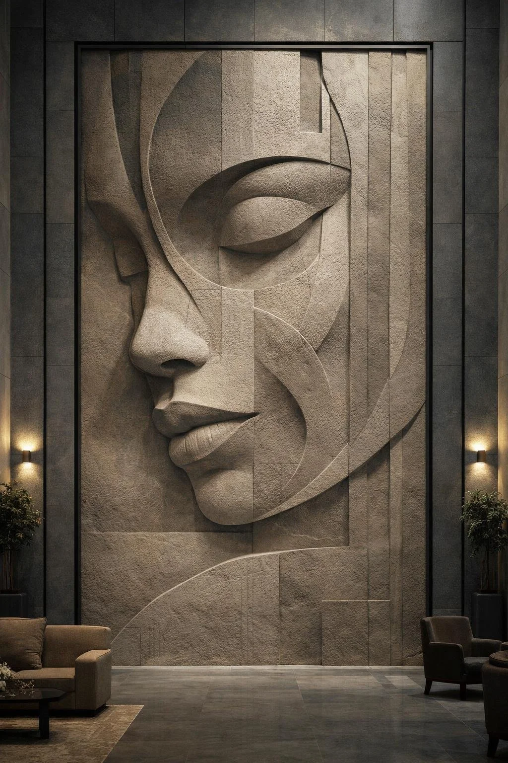 Large-scale vertical stone-carved wall sculpture with abstract profile face. Unique piece made to order. Solaro Art Collection