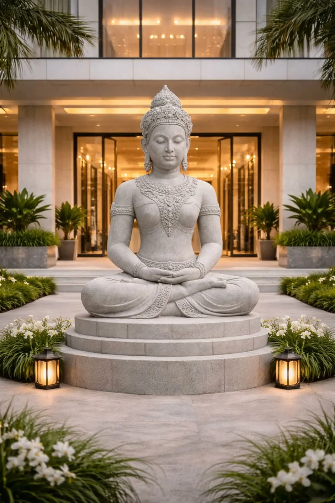 Custom monumental Cambodian Divine statue, large-scale architectural sculpture inspired by Khmer apsara aesthetics, seated meditative feminine figure carved in stone. By Solaro Art Collection