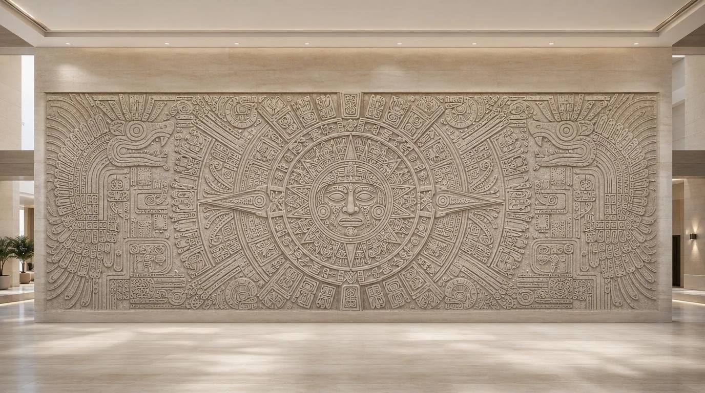 Large pre-columbian stone wall relief  combining aztec and maya motifs - Solaro Art Collection