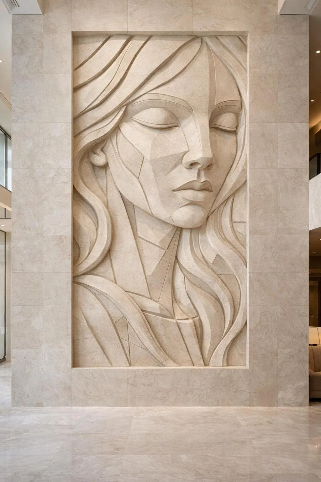 Monumental stone-carved contemporary wall relief sculpture. Abstract and cubist style female face. Unique piece. Solaro Art Collection