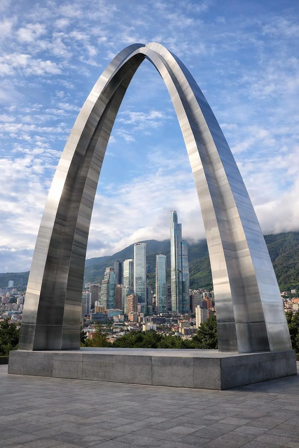 A tall metallic arch structure with a city skyline and mountains in the background under a blue sky with scattered clouds.