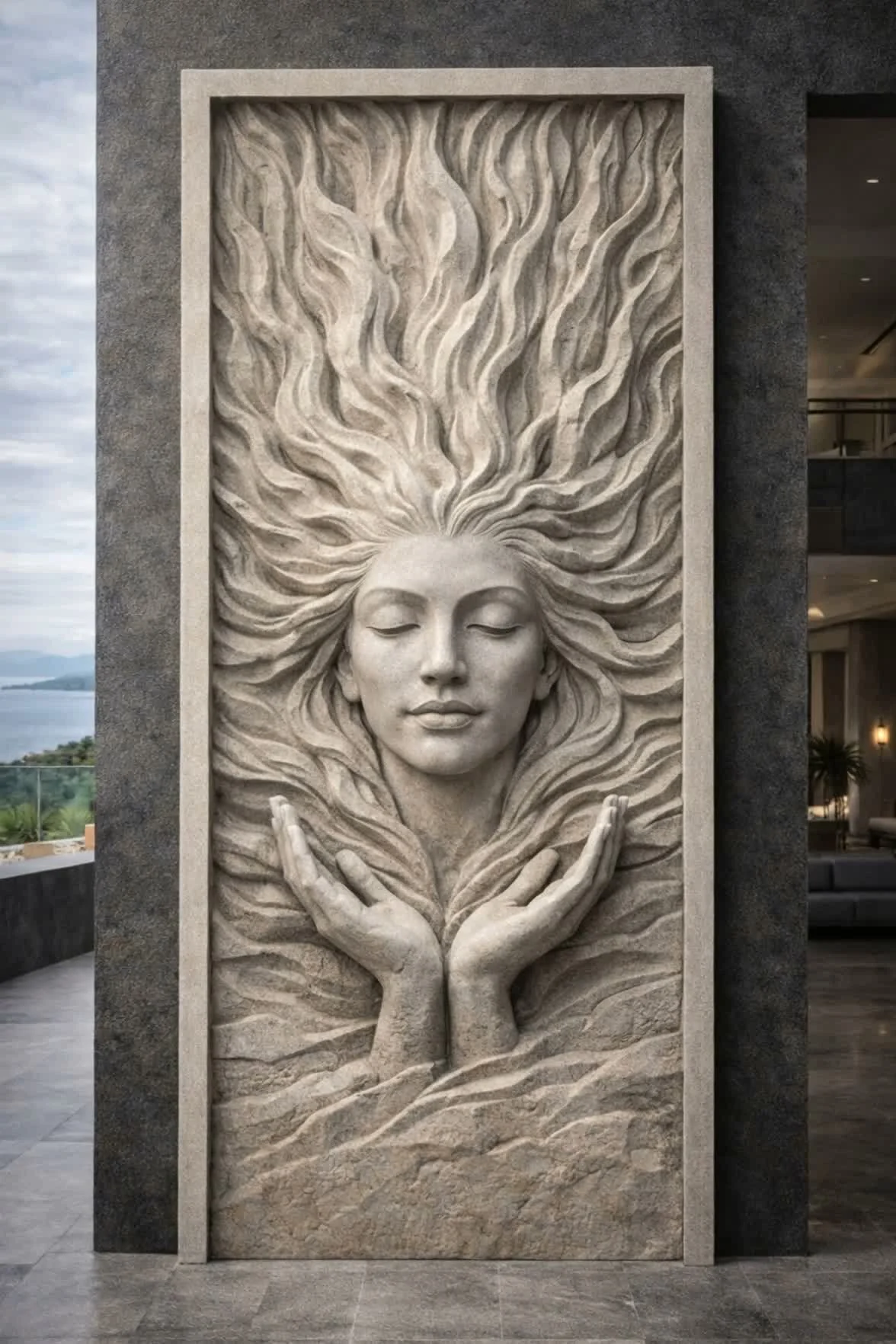 A detailed stone relief sculpture of a woman with her eyes closed, head slightly tilted, and hands gently raised near her chest. Her long, flowing hair appears as swirling tendrils extending upwards and around her, creating a majestic and serene appearance.