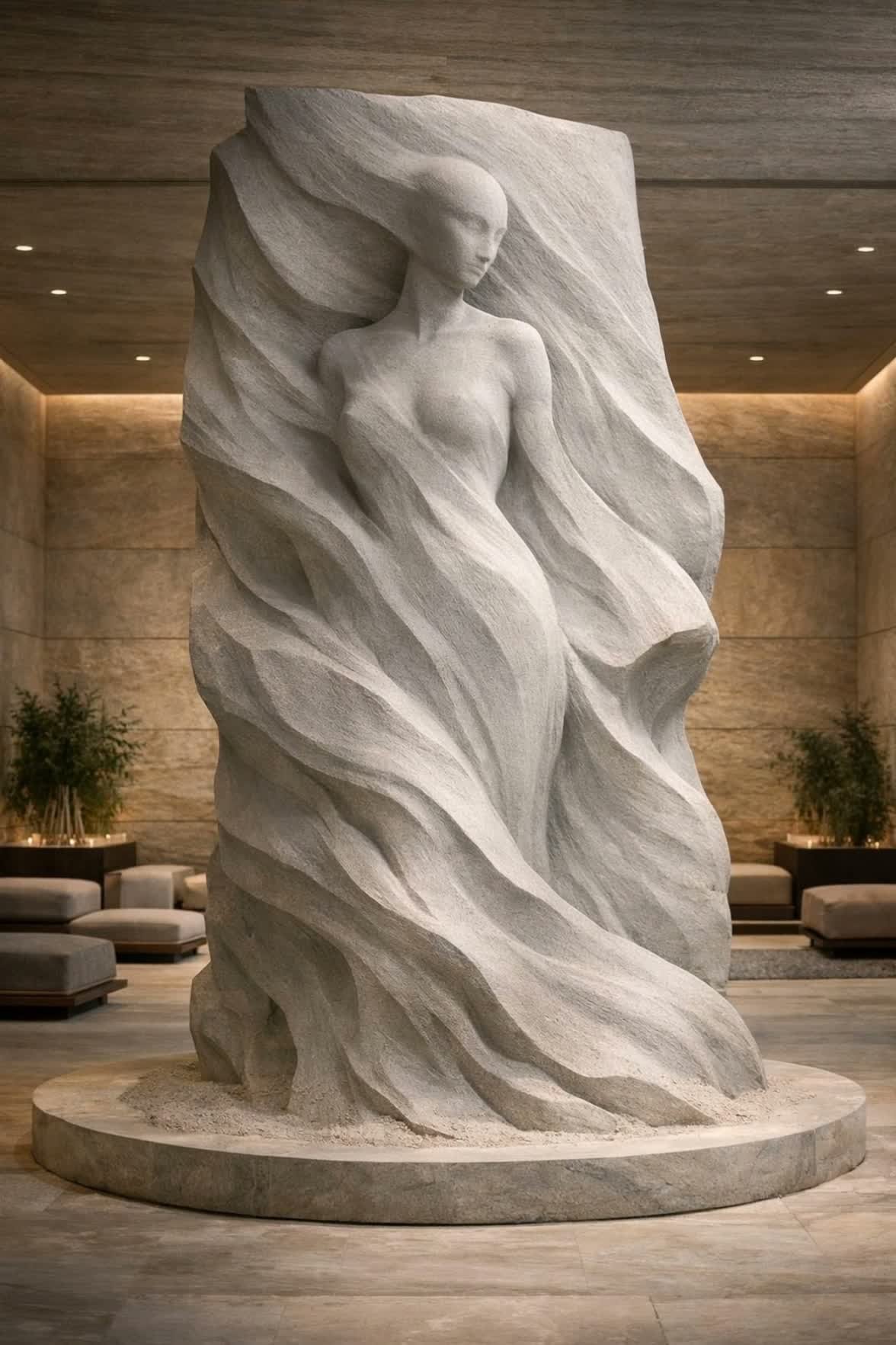 Custom Monumental stone statue ideal for lobby or other architectural incorporation. Abstract feminine figure By Solaro Art Collection.