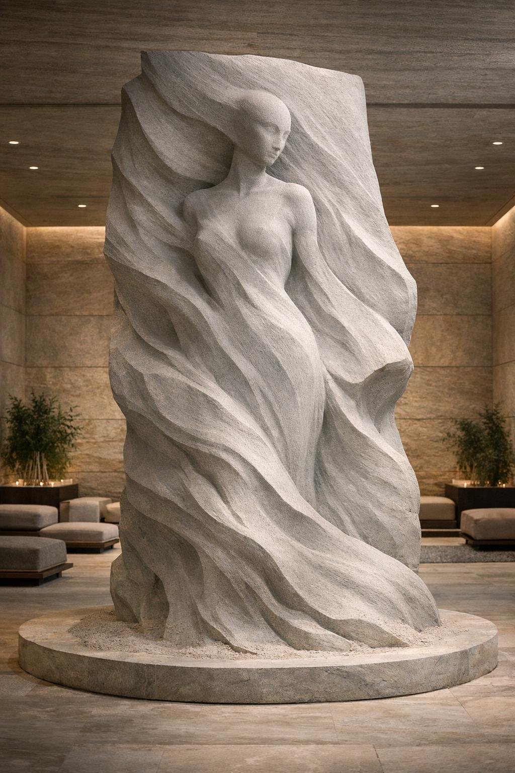 Monumental vertical statue featuring an abstract female bust wrapped in rock-like drapery, sleek hairless head design, 5 meters high, contemporary fine art by Solaro Art Collection