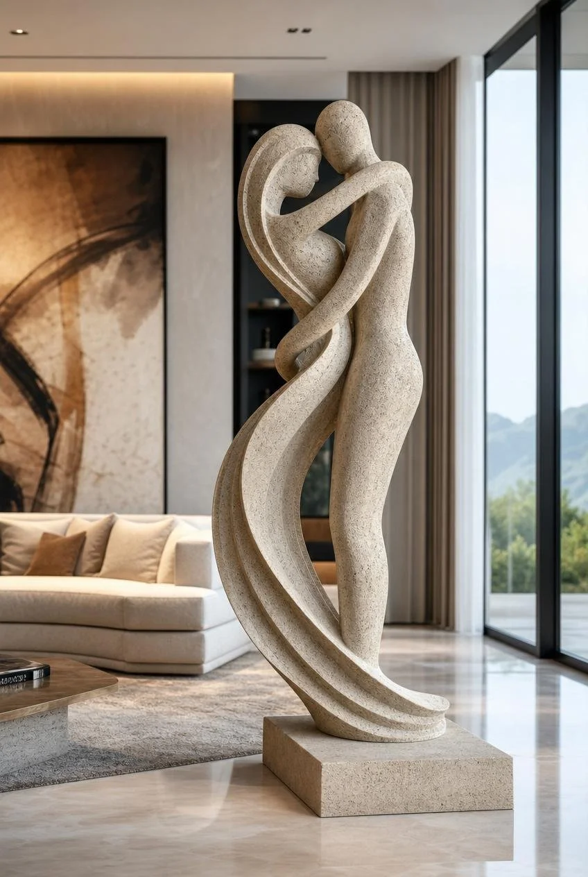 modern stone carved couple sculpture in luxury living room