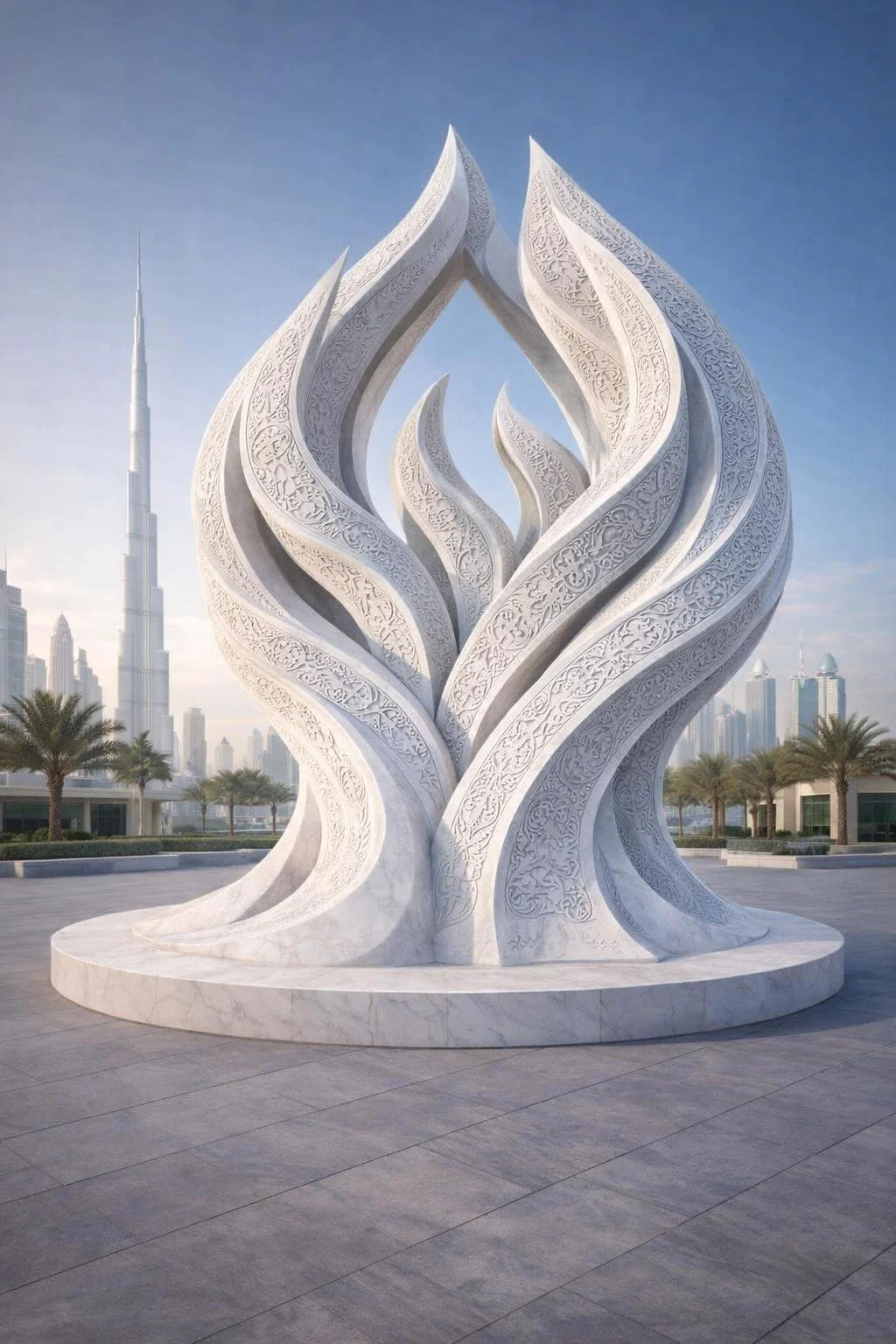 Colossal contemporary islamic art sculpture in white marble for luxury urban projects in dubai, saoudie arabia, kuwait, qatar. Solaro Art Collection