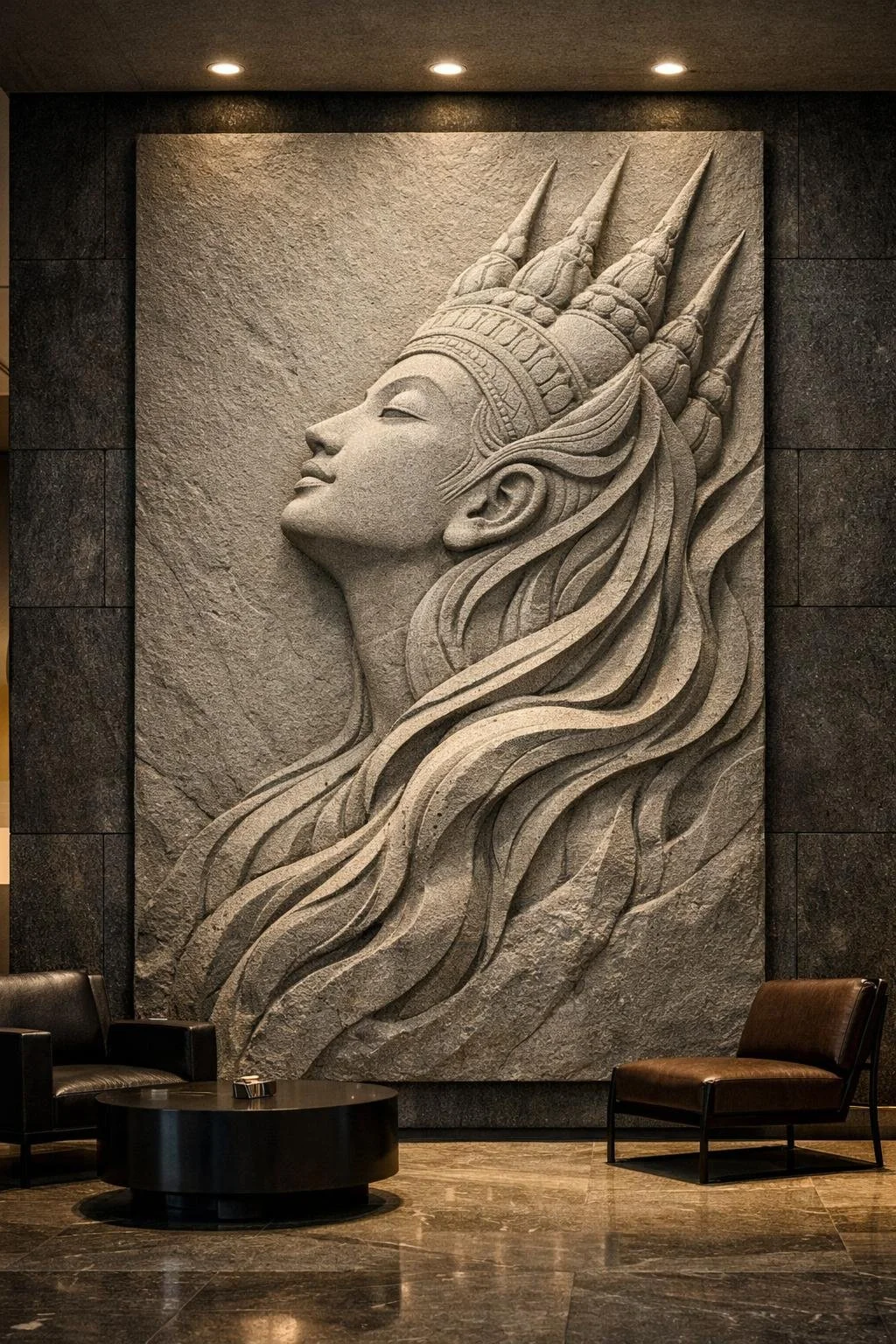 Custom monumental vertical Asian divine wall art, this architectural wall sculpture ideal for lobby or other architectural incorporation. By Solaro Art Collection.