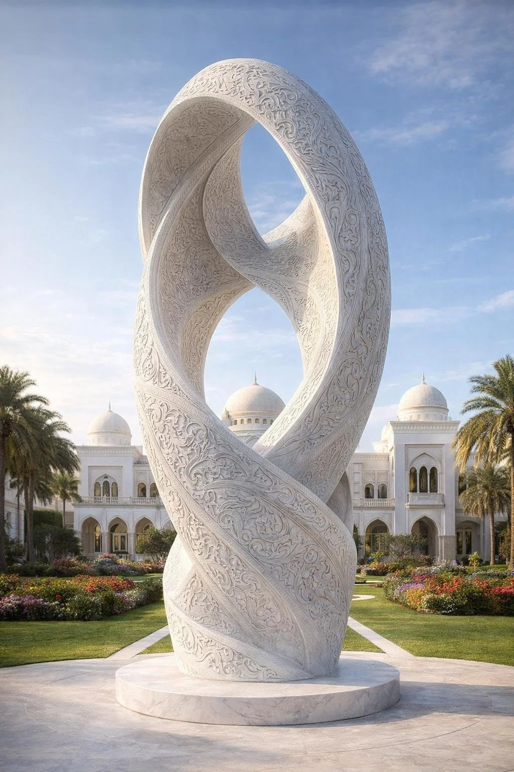 Magnificent white marble contemporary islamic art outdoor sculpture for luxury spaces in dubai, saoudie arabia, doha, qatar, kuwait. Exclusive masterpiece. Solaro Art Collection