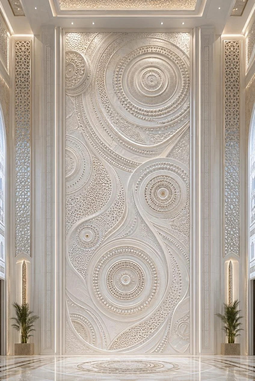Elegant lobby Wall sculpture with intricately carved white marble wall featuring concentric circles, geometric and floral patterns, flanked by tall, white columns.