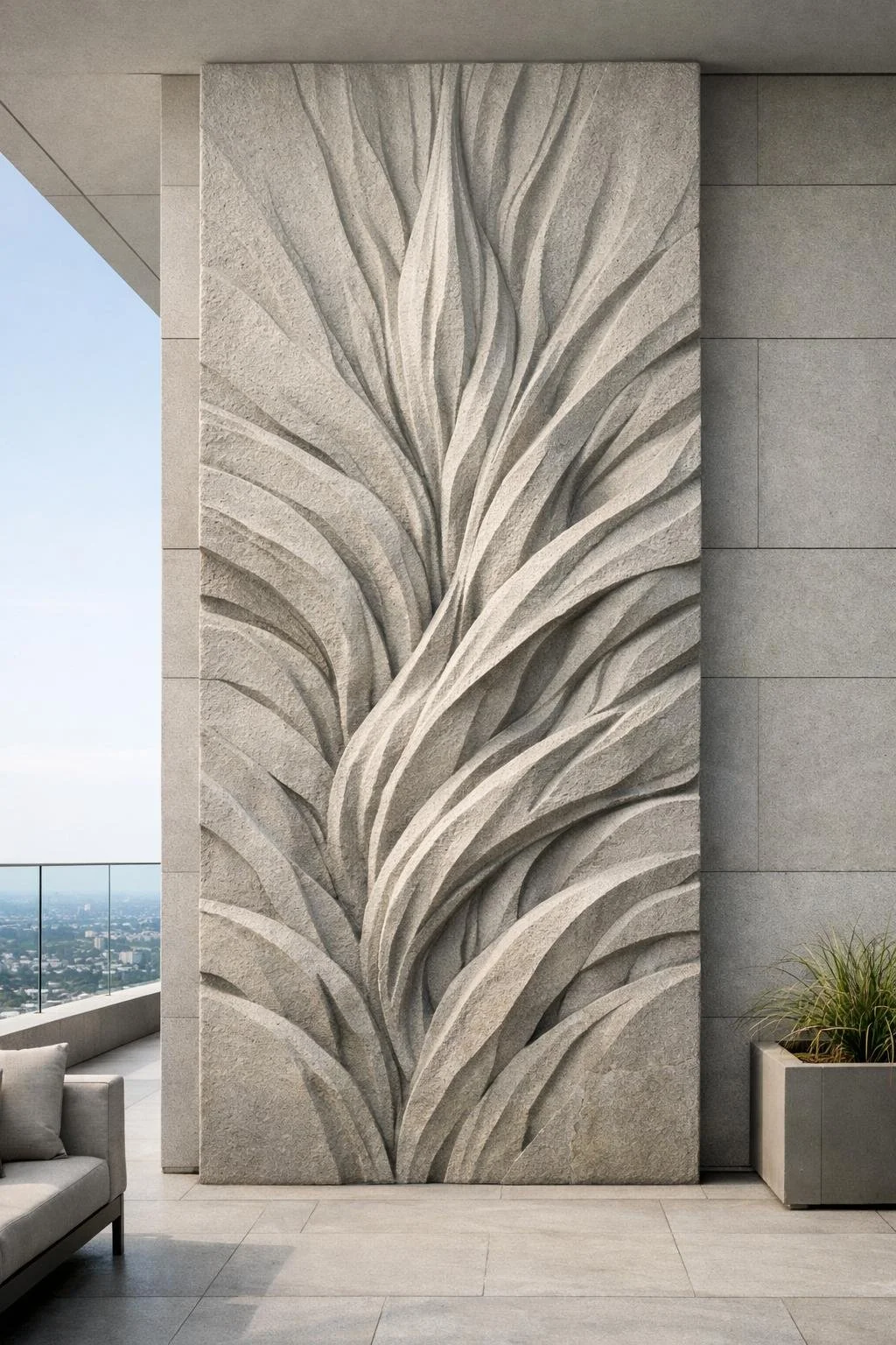 Monumental biomorphic wall sculpture featuring an abstract spiral composition carved in stone, creating a powerful sense of movement and depth. Designed for high-end architectural interiors. By Solaro Art Collection.