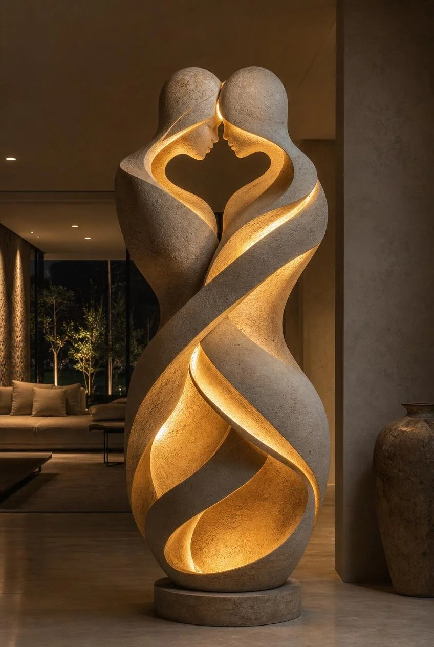 Large Abstract couple ligth sculpture in natural sandstone
