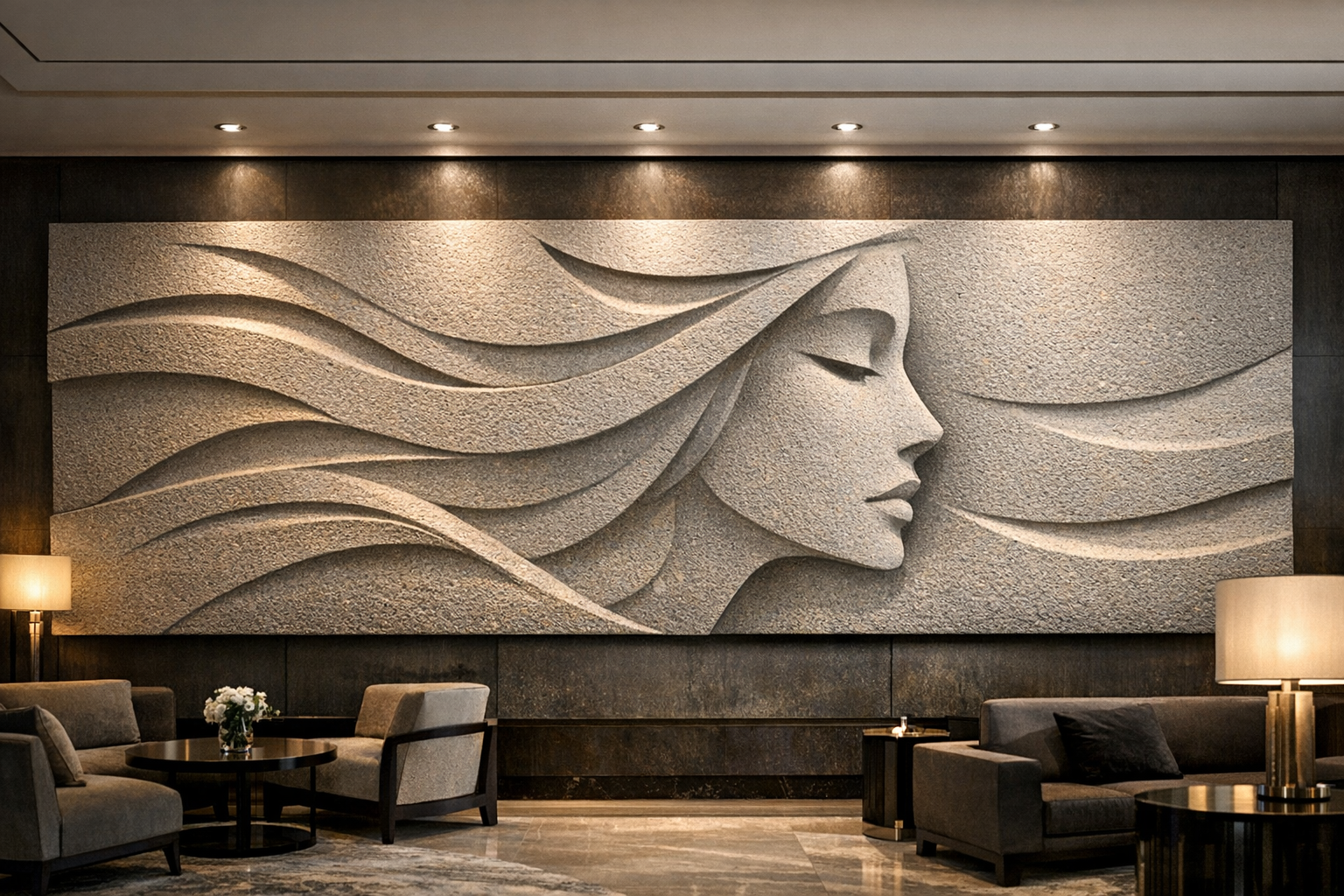 A textured wall art stone sculpture of a stylized face of a woman with flowing hair, mounted in a modern luxury lobby.
