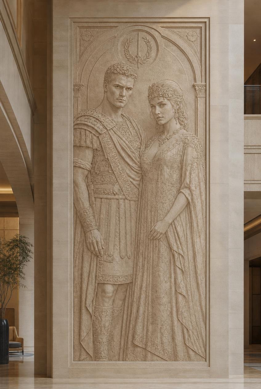 Bespoke large scale stone wall relief of a Roman noble couple in a luxury villa - Solaro Art Collection