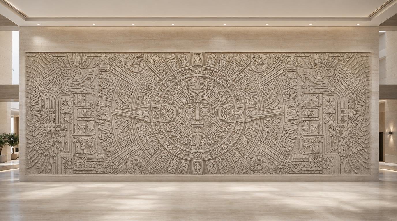 Mesoamerican large wall sculpture of a central circular face surrounded by intricate geometric patterns and stylized animal figures. Modern Mayan and Aztec Art. Solaro Art Collection
