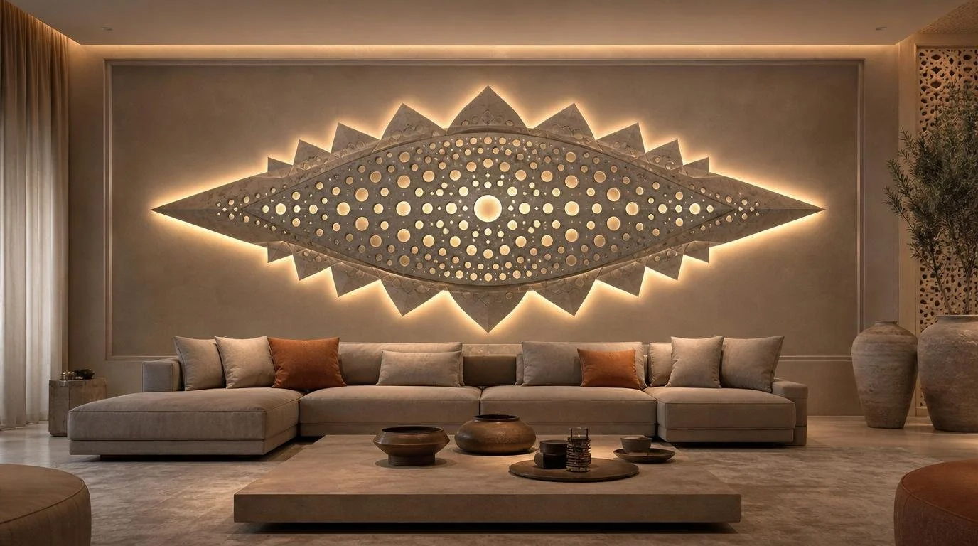 stone-carved wall lamp with eclipse shape and leafs surrounding