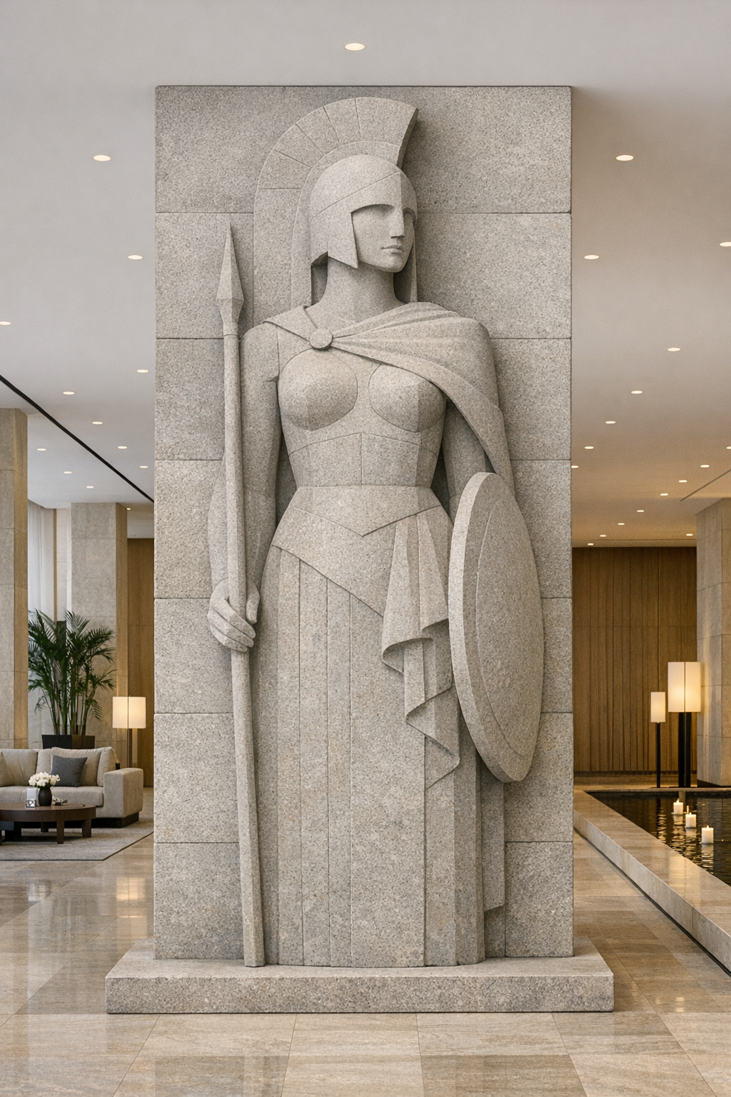 Monumental Spartan warrior sculpture carved in grey sandstone, rising six meters high. By Solaro Art Collection.