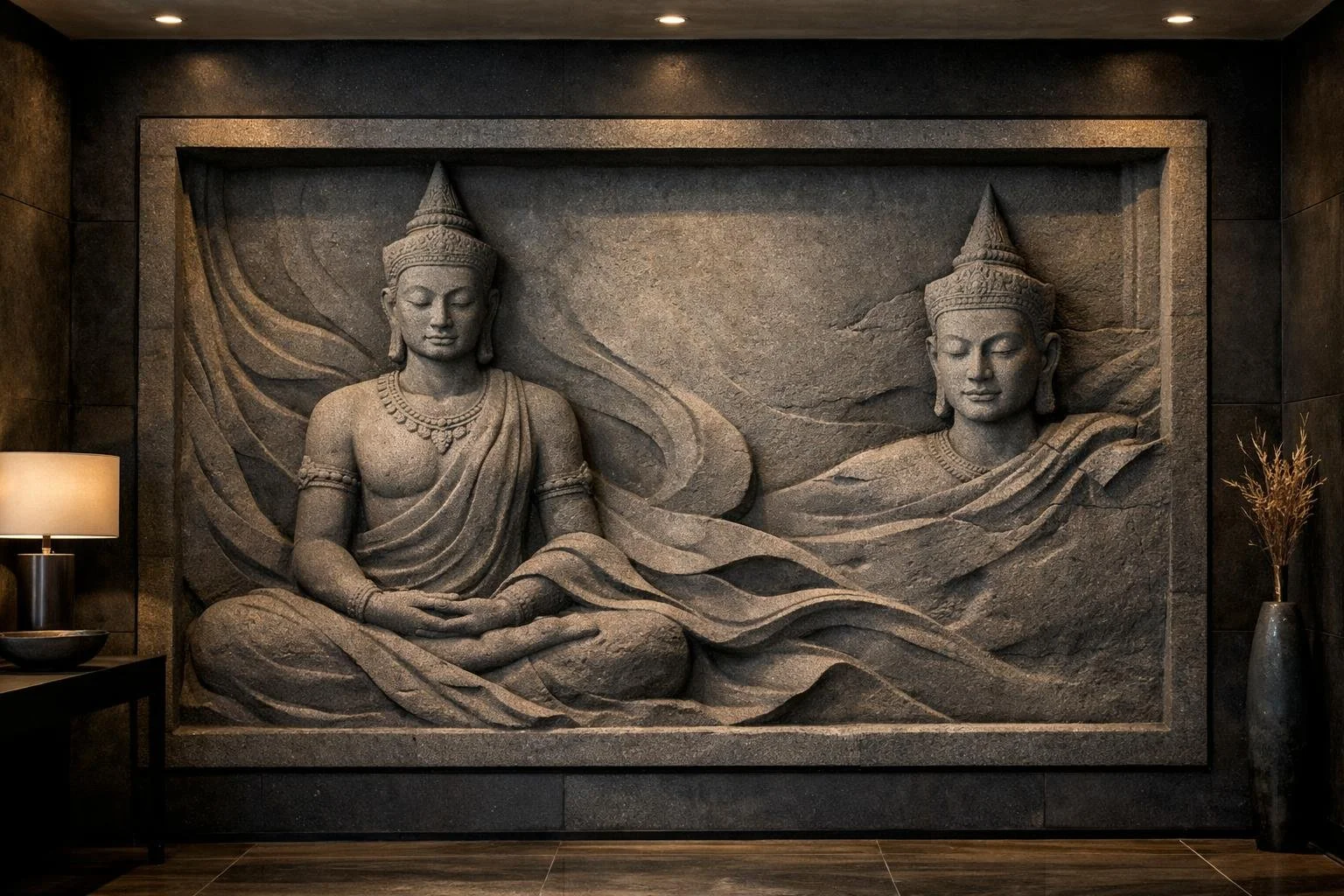 Custom monumental horizontal wall sculpture, Khmer inspired, deep relief in grey sandstone. Ideal for luxury hotel lobby or architectural integrations. by Solaro Art Collection.