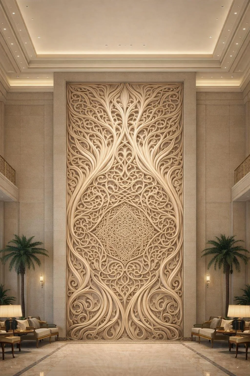 Elegant Arabesque Wall Relief in Natural Stone for Hig-end Villas or Hotels. Solaro Art Collection