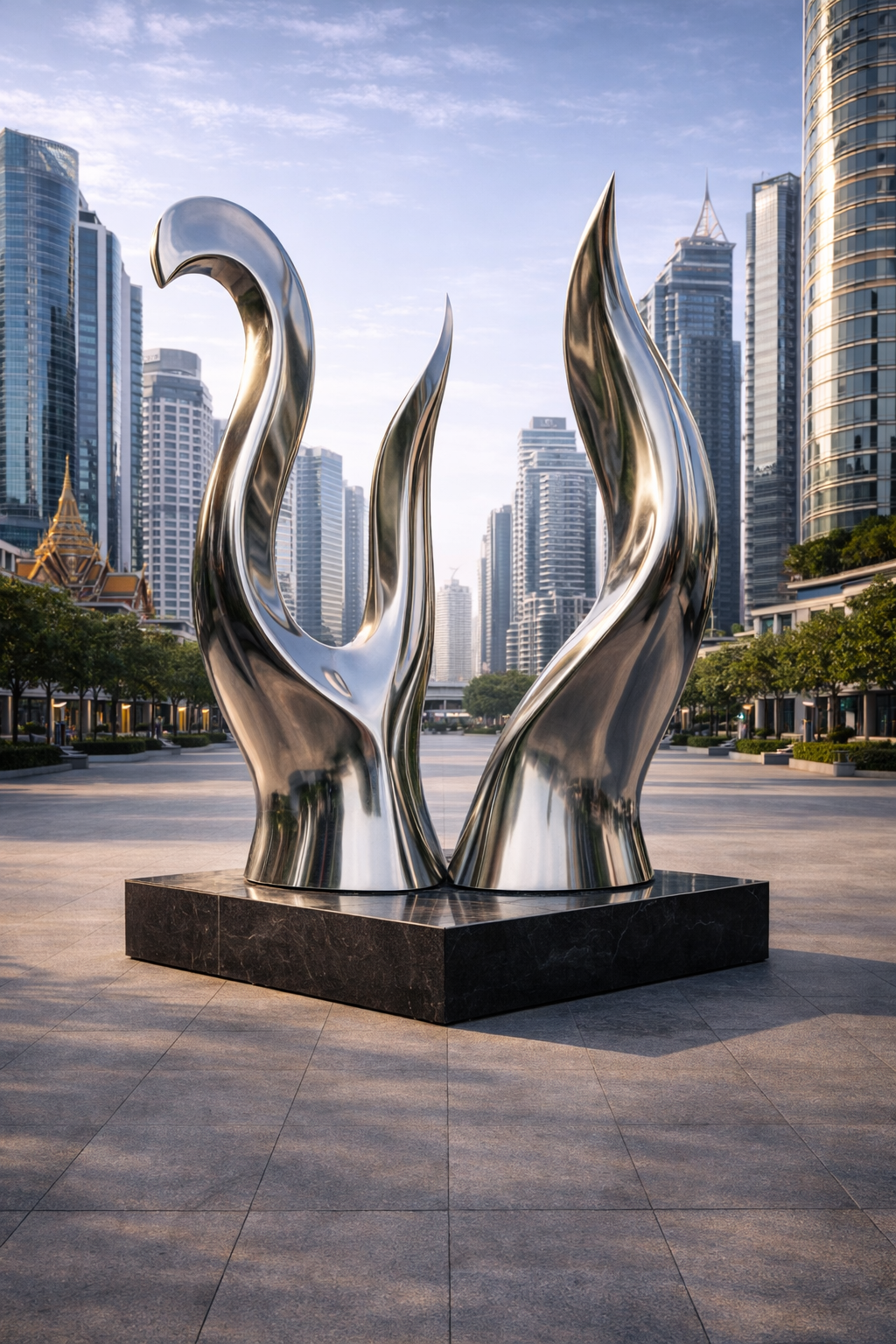 Modern sculpture made of shiny metal resembling abstract hands or flames, set on a black base, in a city square with tall glass skyscrapers and some greenery in the background.