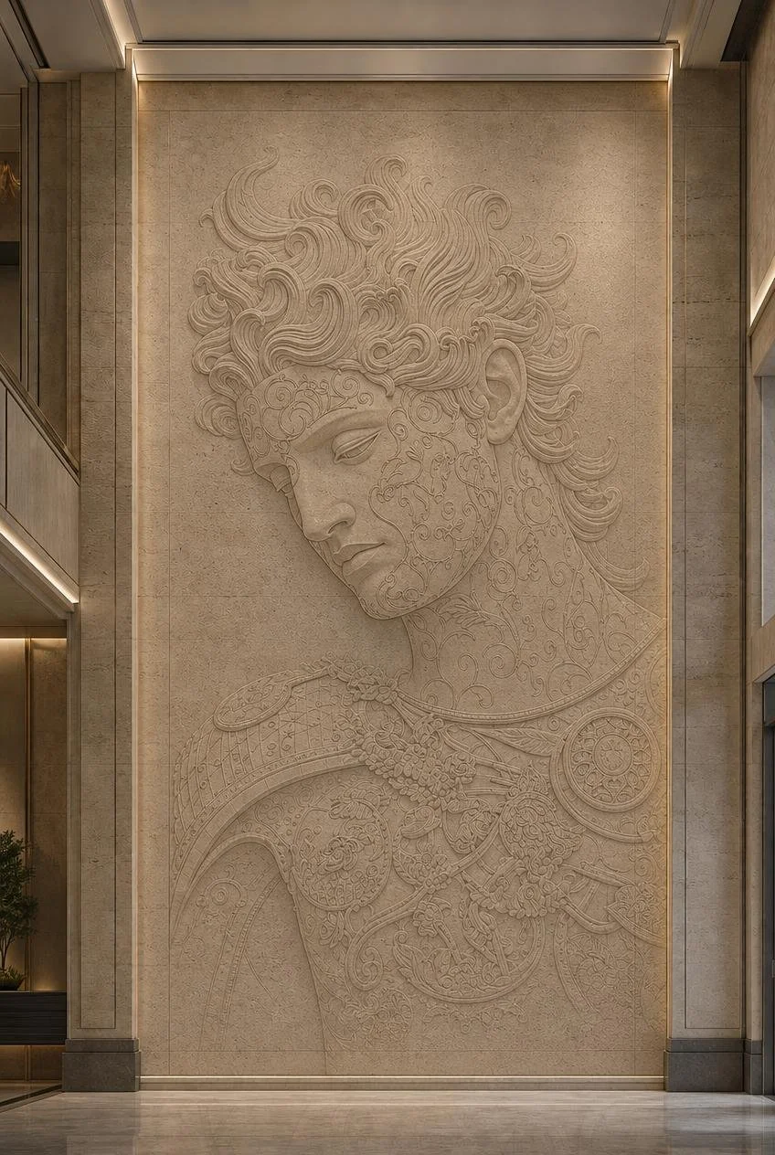 Grand-Scale stone bas relief of a contemporary Greek Apollo profile