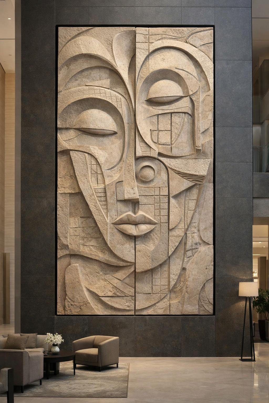Monumental wall deep relief sculpture with modern facial forms. Unique piece, Solaro Art Collection